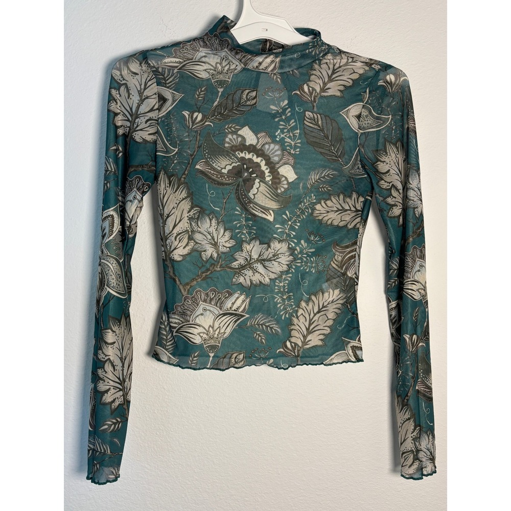 Blue‎ B. Collection Teal Floral Sheer Mesh Mock Neck Long Sleeve Top Small